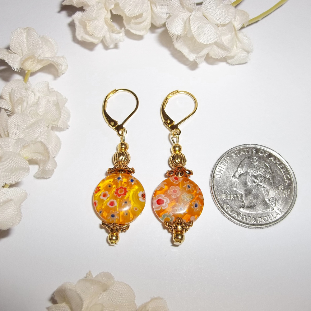Yellow & Gold Earrings Flower Floral Dangle 4317 - Picture 5 of 6